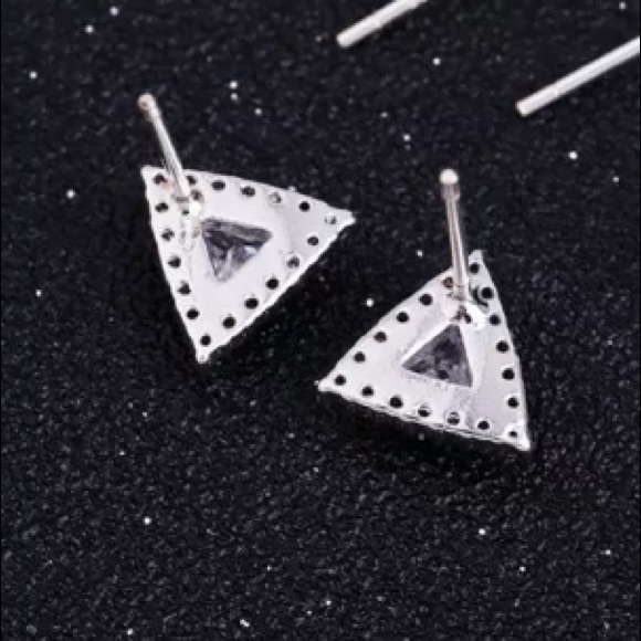 Silver Triangle Diamond Halo Stud Earrings - Picture 4 of 5